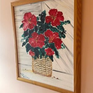 Signed Vintage Framed Floral Painting with Red Flowers